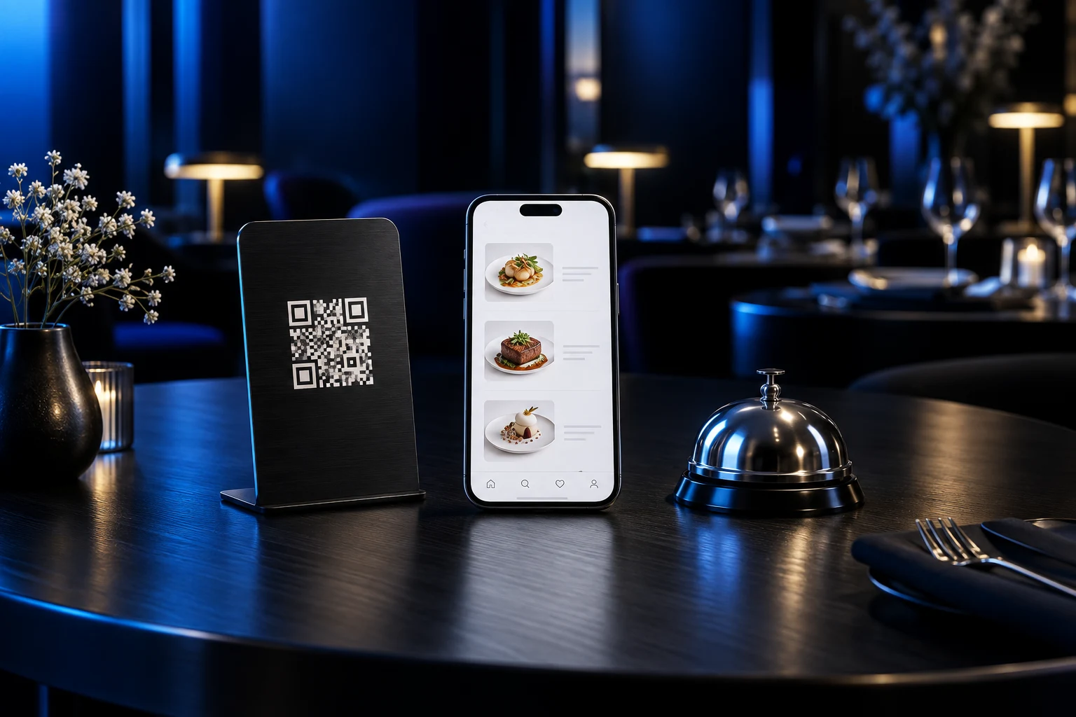 Un smartphone et un support QR code sur une table de restaurant, éclairés de bleu
