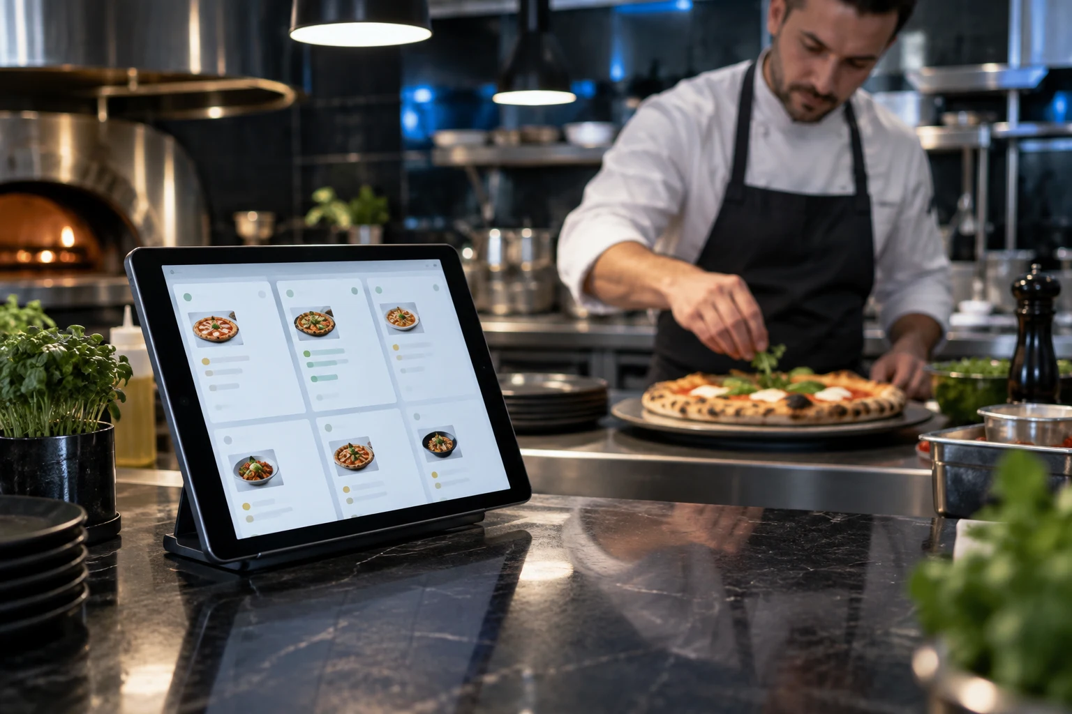 Les commandes sont présentées sur une tablette pendant la préparation en cuisine