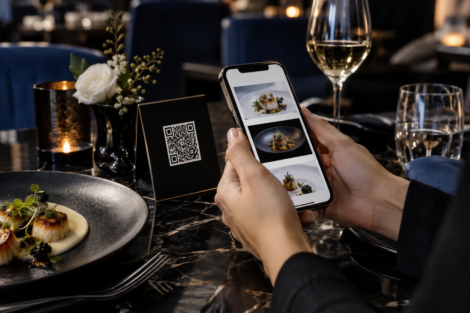 Un client scanne le QR code de la table pour consulter le menu sur son téléphone