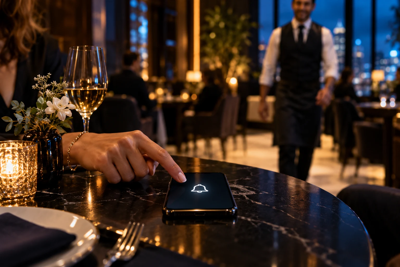 Un client appelle le serveur depuis son téléphone au restaurant